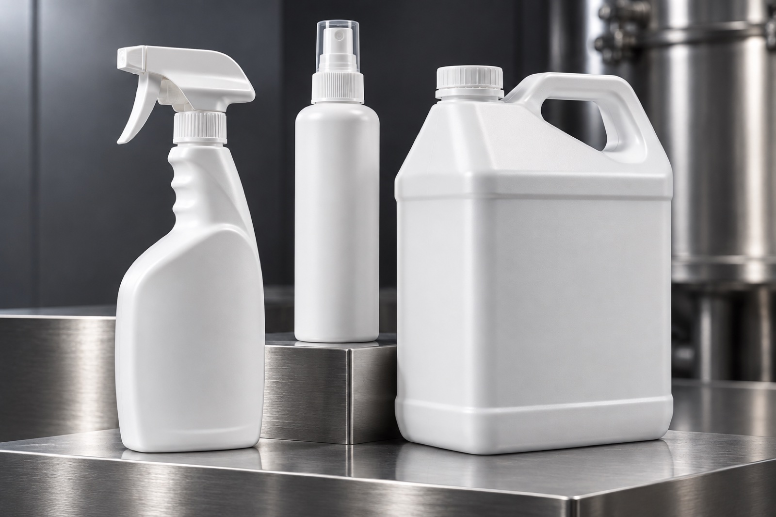 Illustrative unbranded spray, mist, and bulk packaging formats on brushed stainless steel